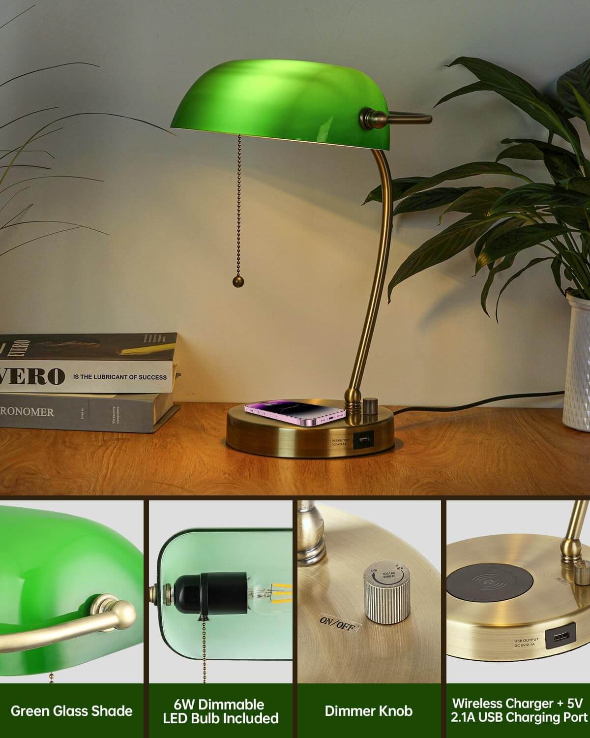 Newrays Green Glass Bankers Desk Lamp with Wireless Charger, USB Charging Port,Stepless Dimmable