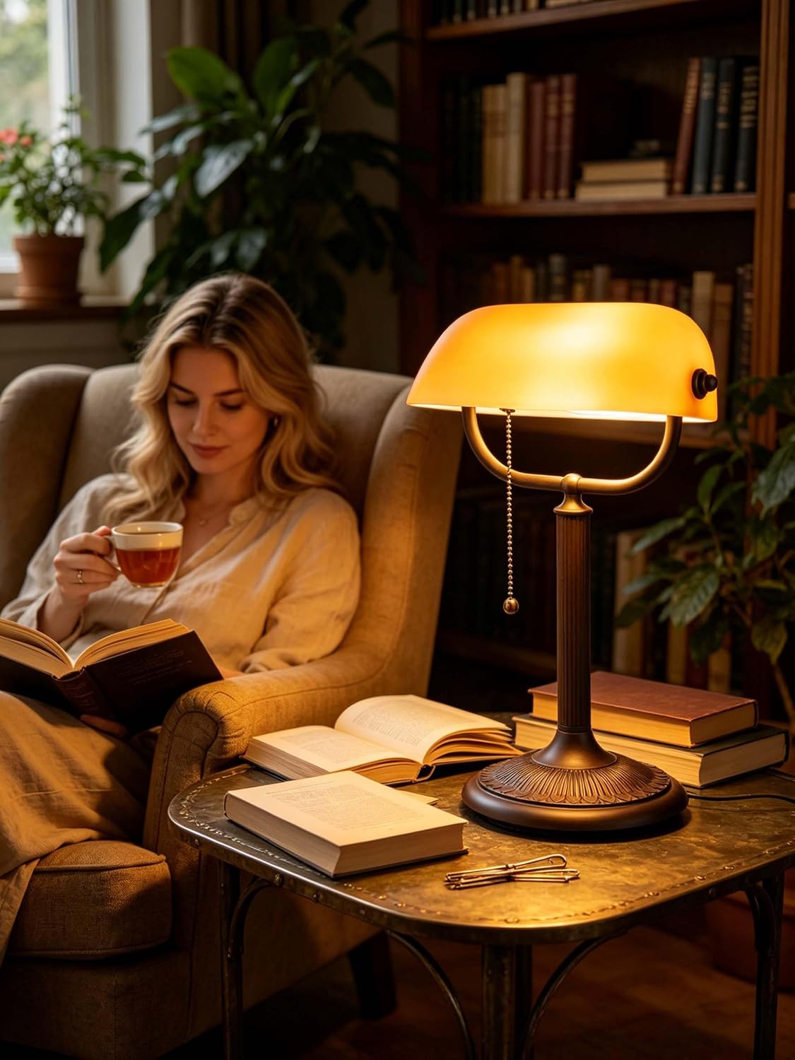 Cozy scene featuring Newrays quick-change shade bankers desk lamp beside a reader enjoying a book and tea.