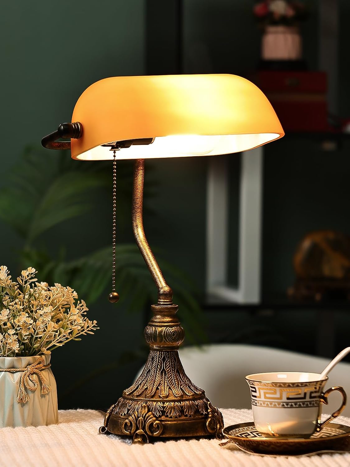 Newrays vintage amber glass desk lamp with LED bulb included, showcasing a classic design and elegant brass base.