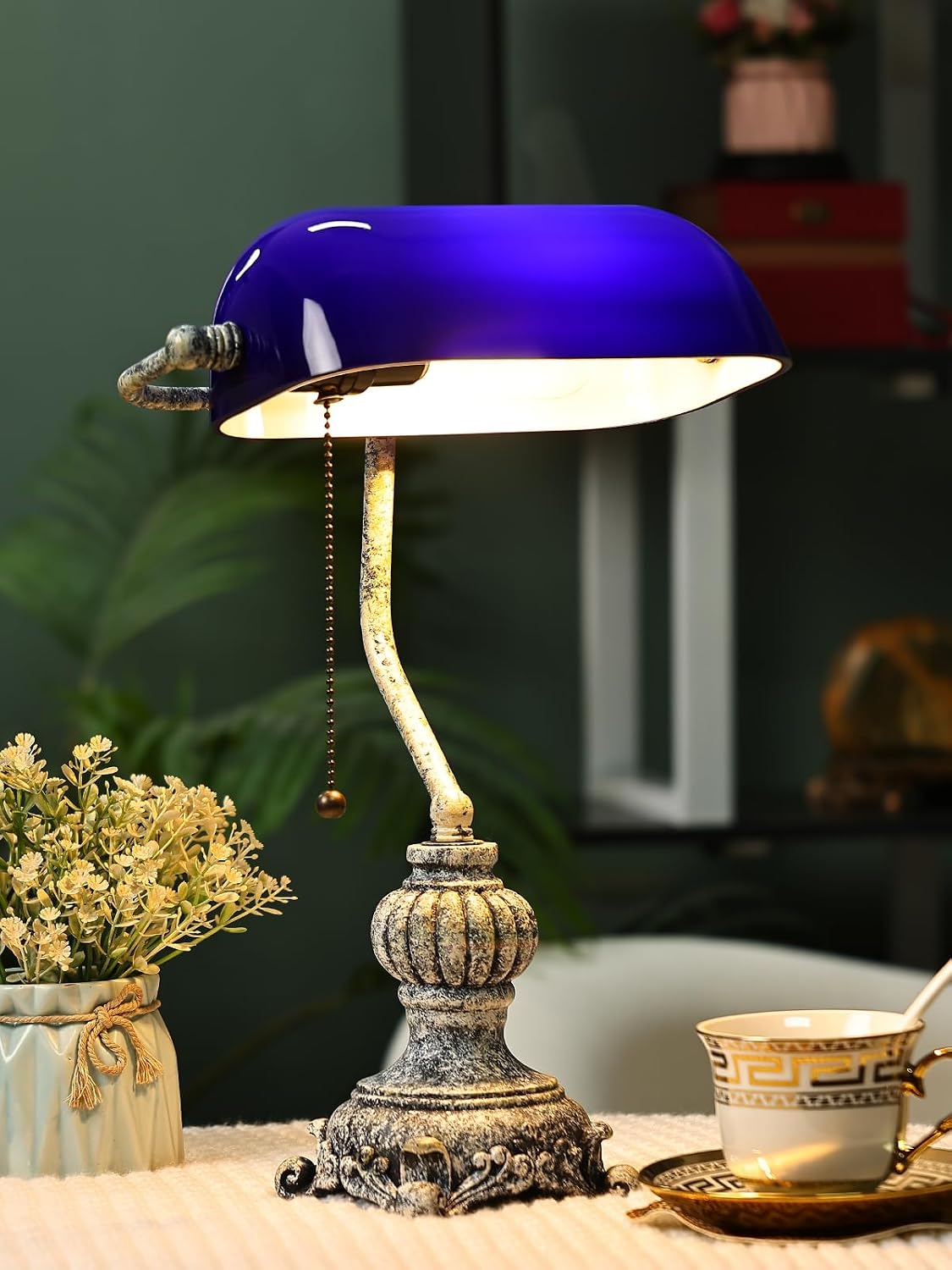 retro blue glass desk lamp with vintage design and sturdy resin base, perfect for study or office decor.