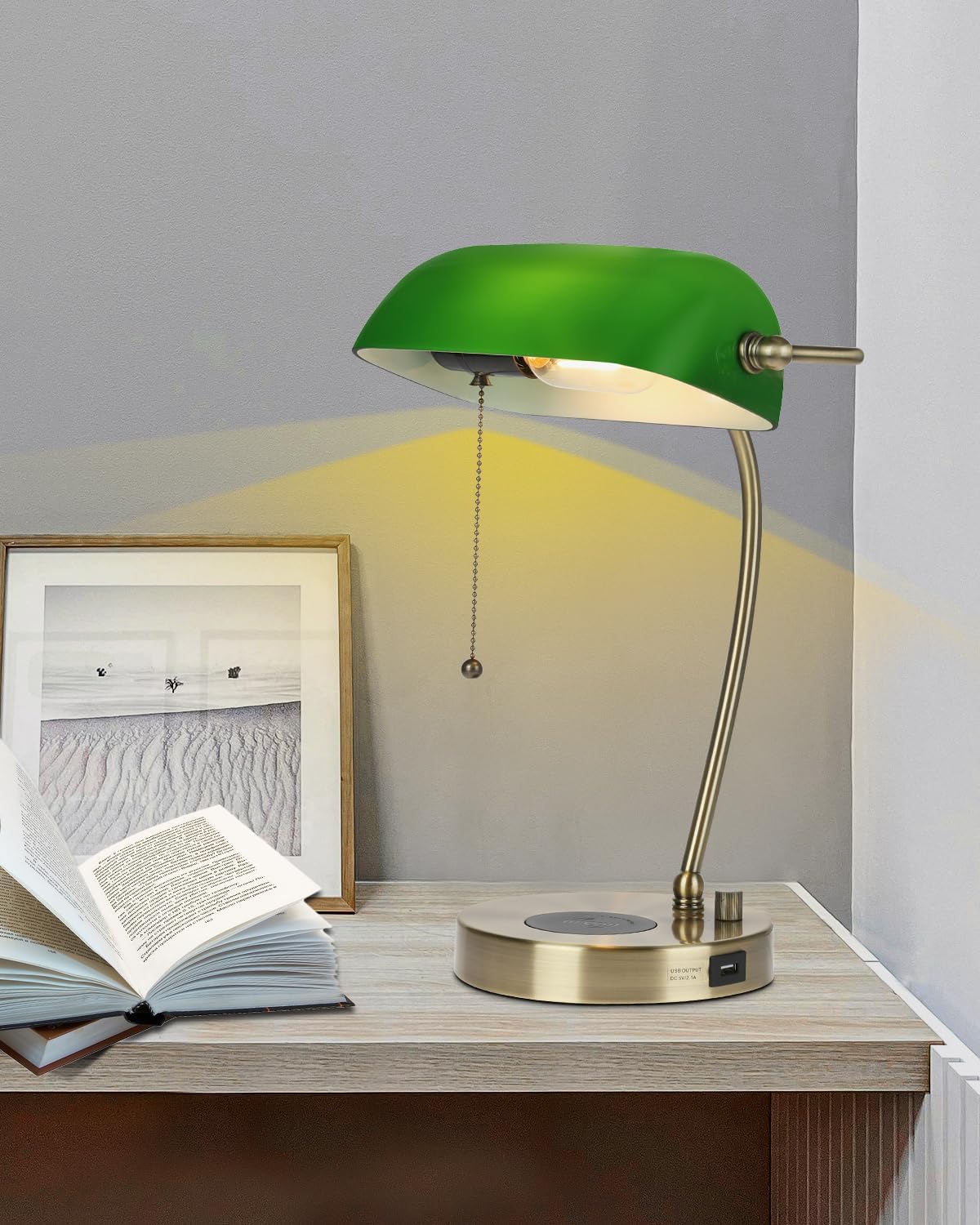 Newrays Green Glass Bankers Desk Lamp with Wireless Charger, USB Charging Port,LED Bulb Included
