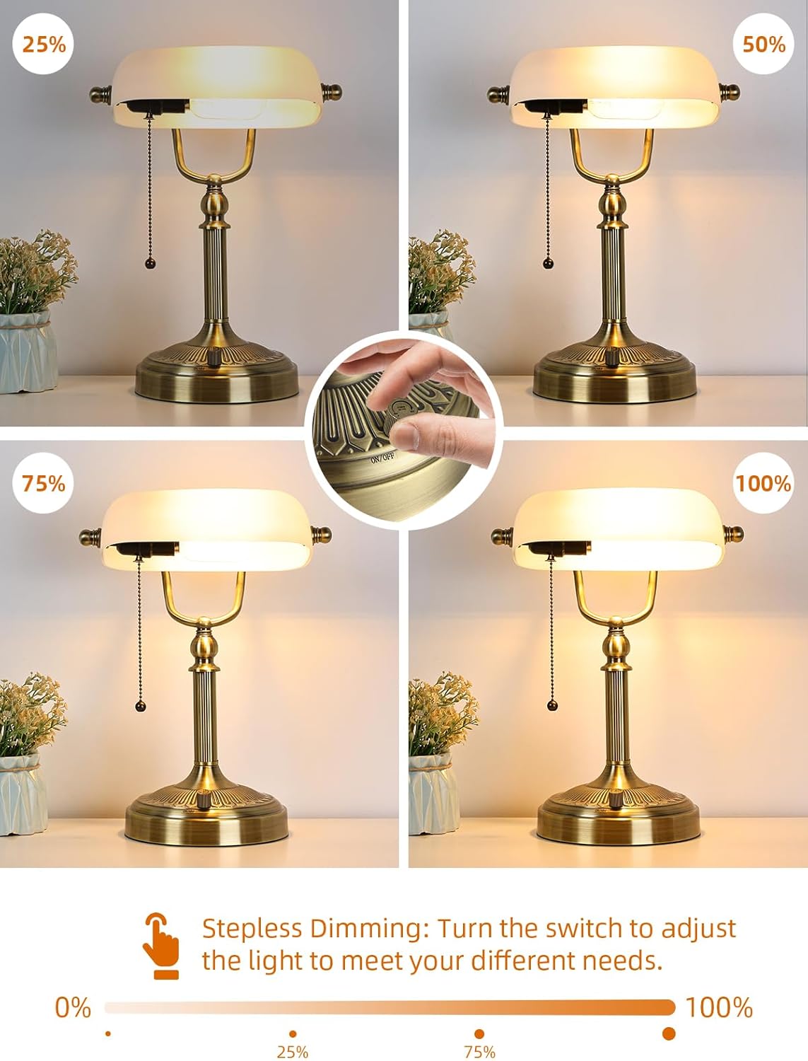 Newrays White Matted Glass Bankers Desk Lamp, Stepless Dimmable Table Lamp Plug in,6W LED Bulb Included