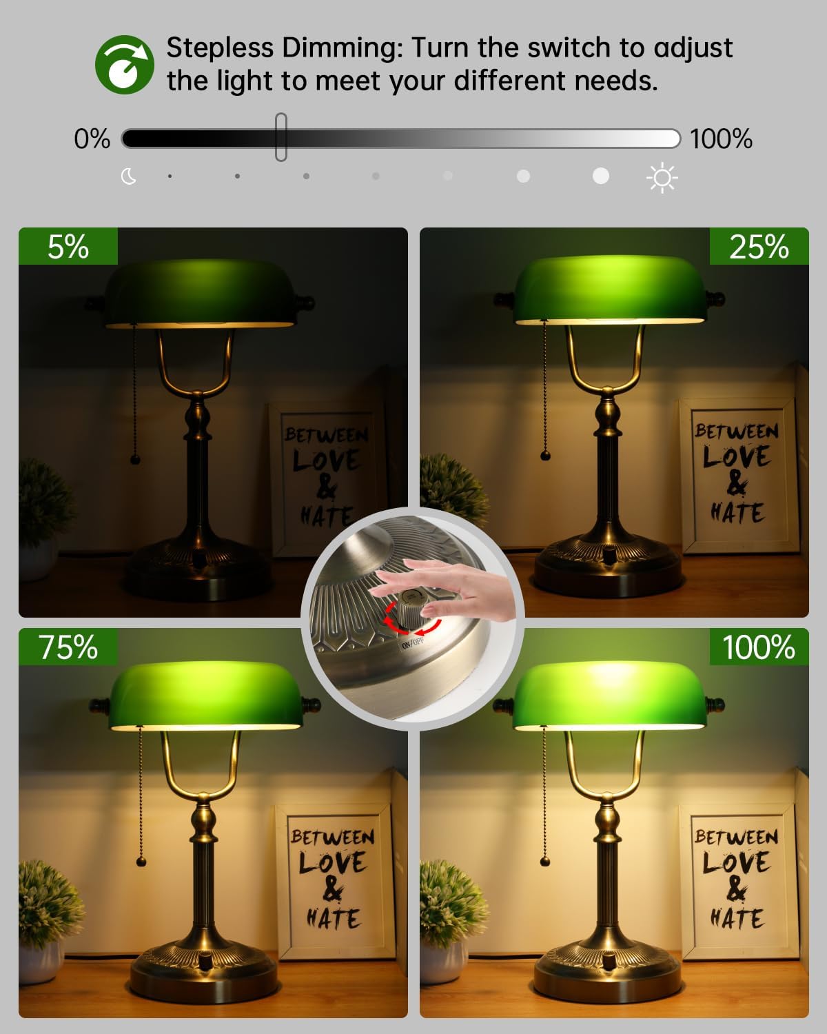 Newrays Green Glass Bankers Desk Lamp, Stepless Dimmable Table Lamp,LED Bulb Included