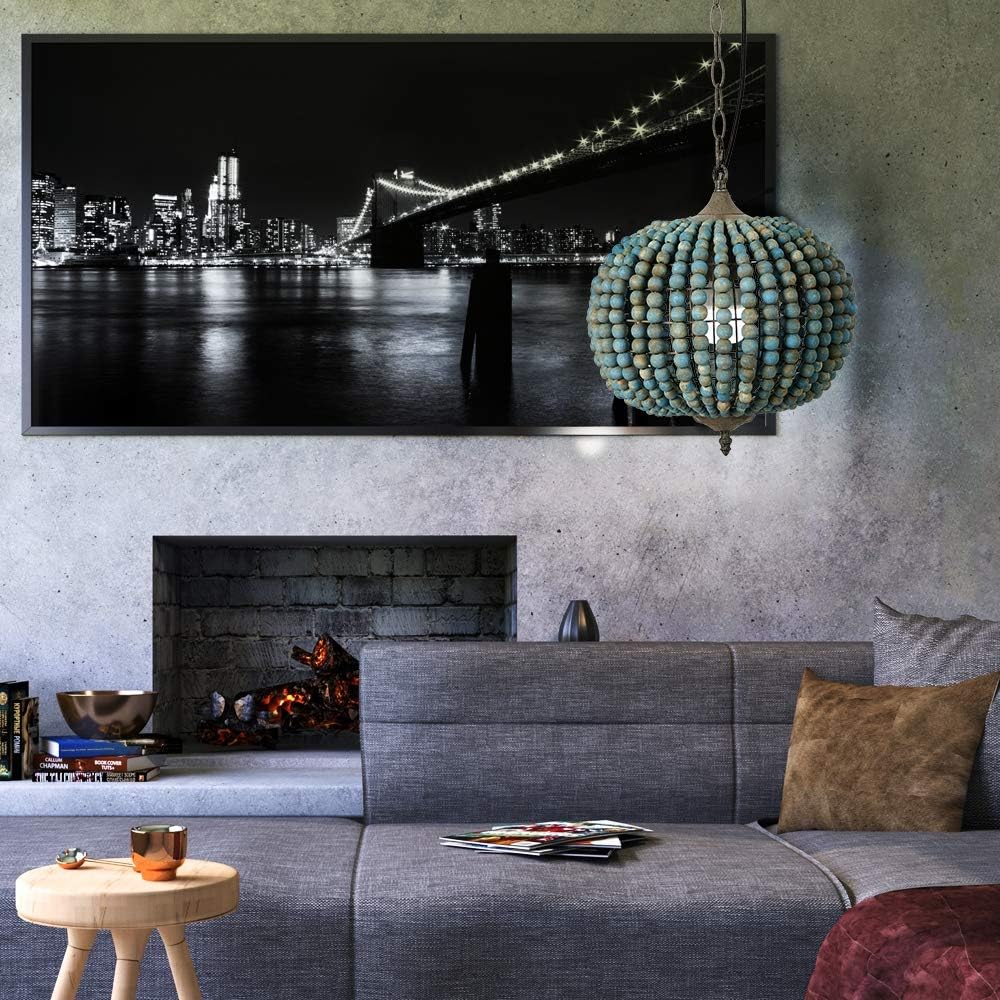 Blue Wood Bead Globe Pendant Light