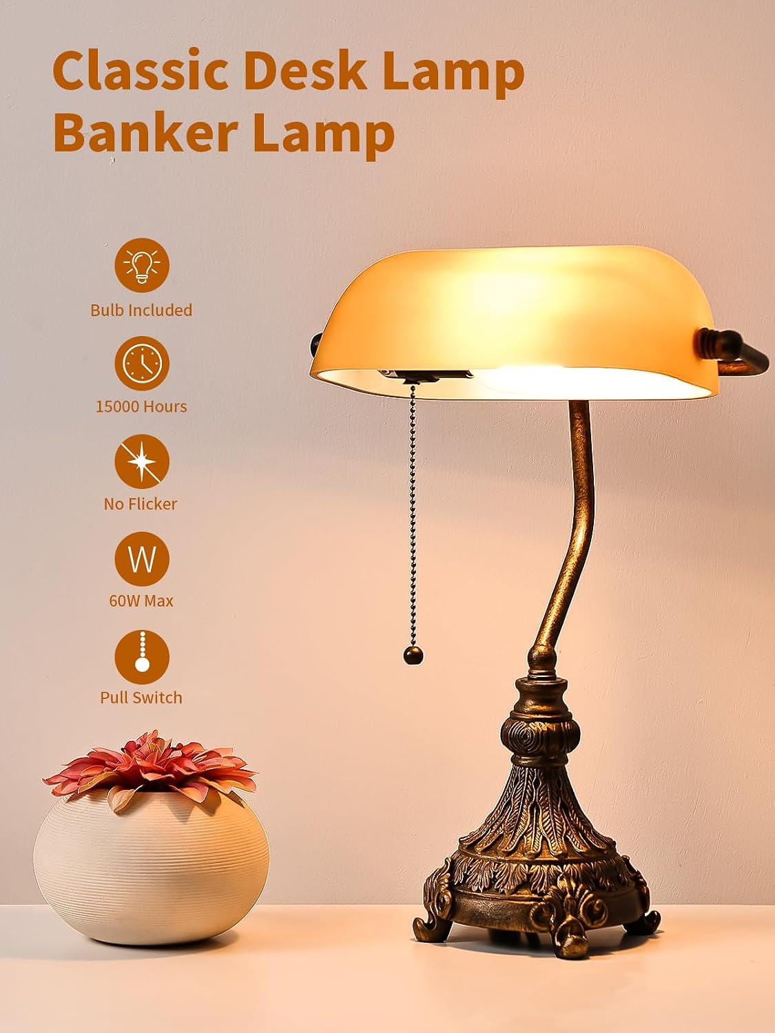 Newrays vintage amber glass desk lamp with pull switch and LED bulb included, classic banker style.
