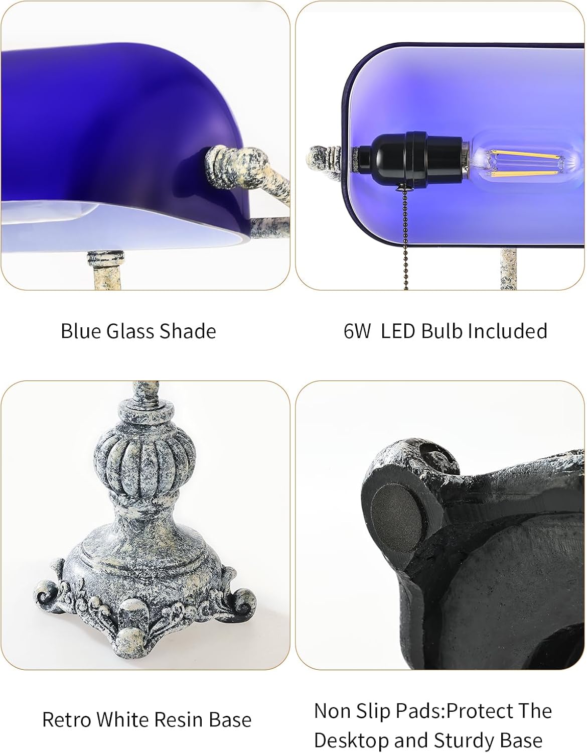 Retro blue glass desk lamp featuring a blue glass shade and a sturdy retro white resin base with LED bulb included.