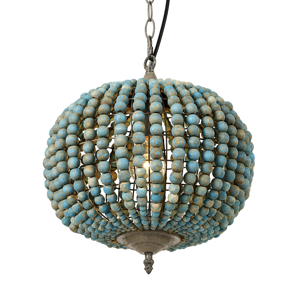 Blue Wood Bead Globe Pendant Light