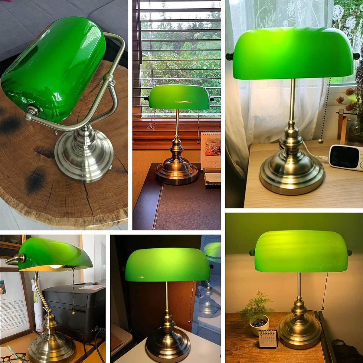 Green Glass Banker Desk Lamp with Pull Chain Switch showcased in various settings.