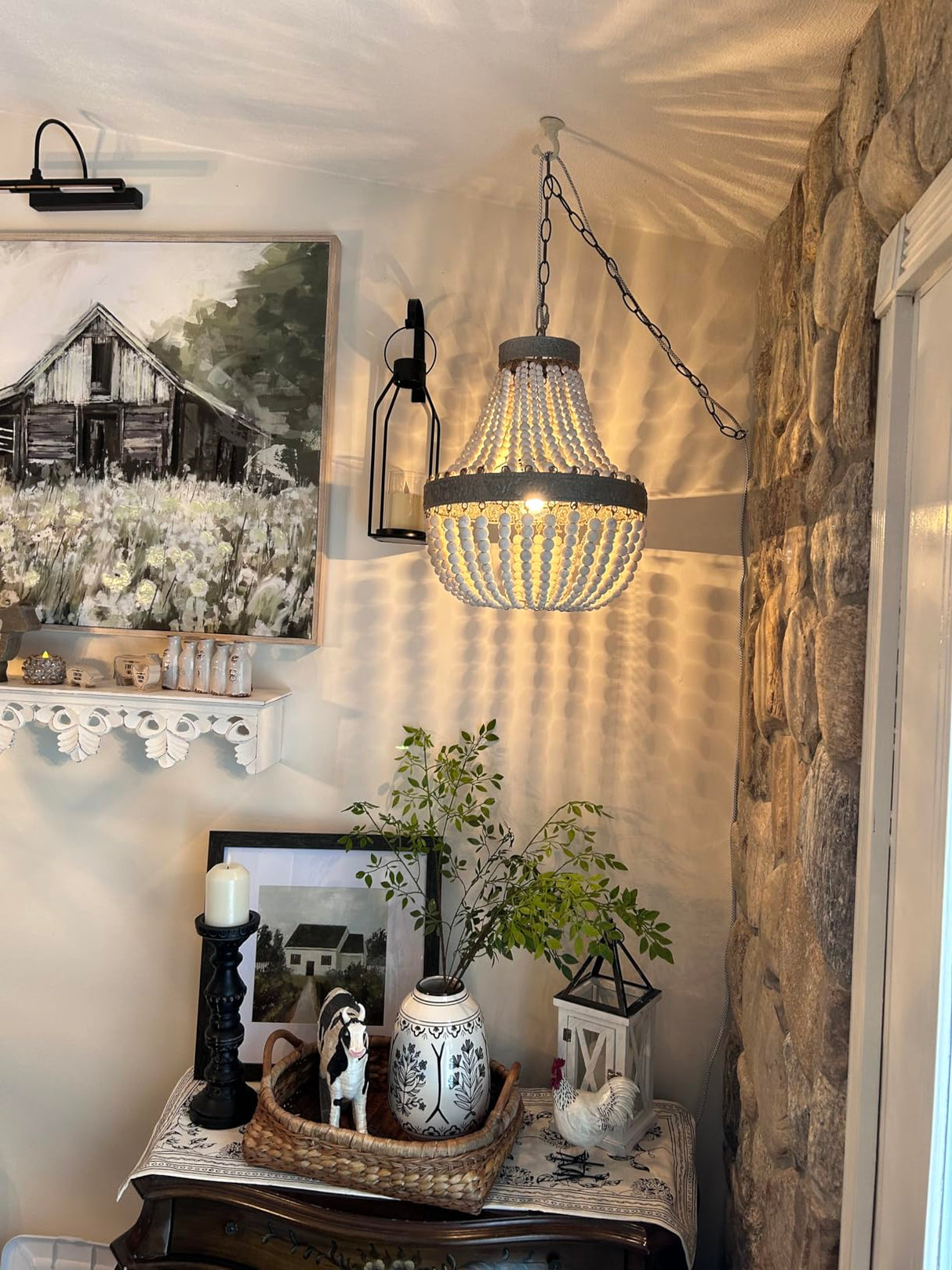 Newrays Bohemian Boho Beachy Wood Bead Pendant Light Fixtures,Plug in