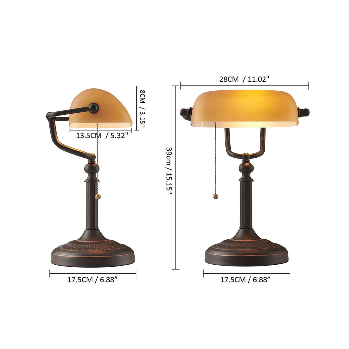 Newrays Matted Orange Glass Banker Desk Lamp dimensions and details, showcasing its elegance and design.