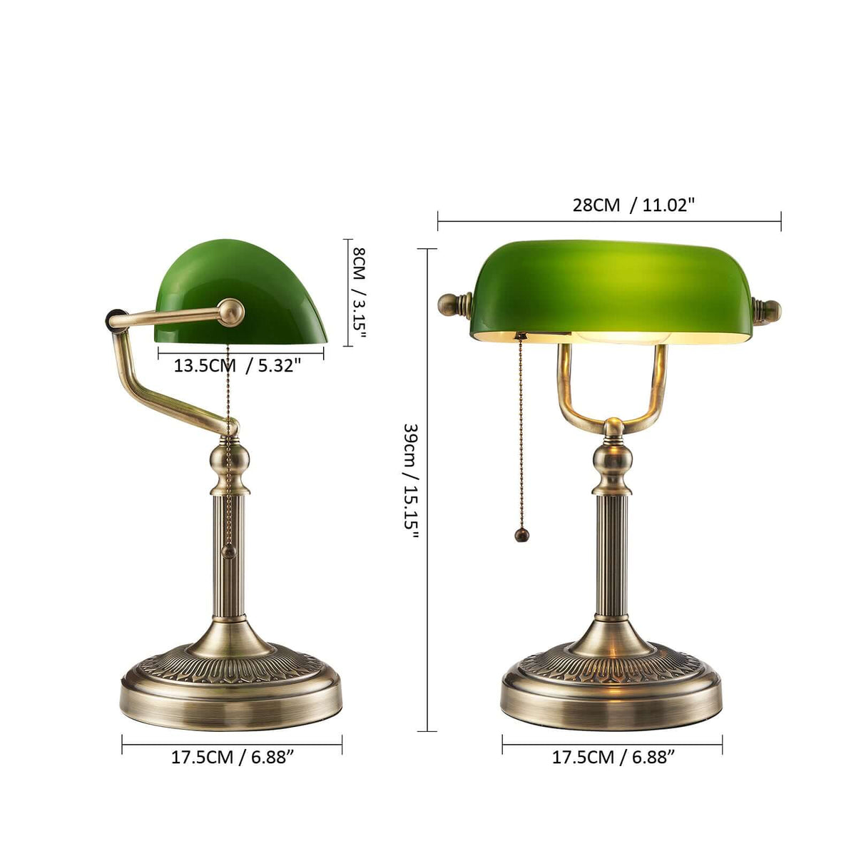 Newrays Green Glass Banker Lamp with adjustable arm and vintage design, dimensions 11.02"x6.88"x15.15".
