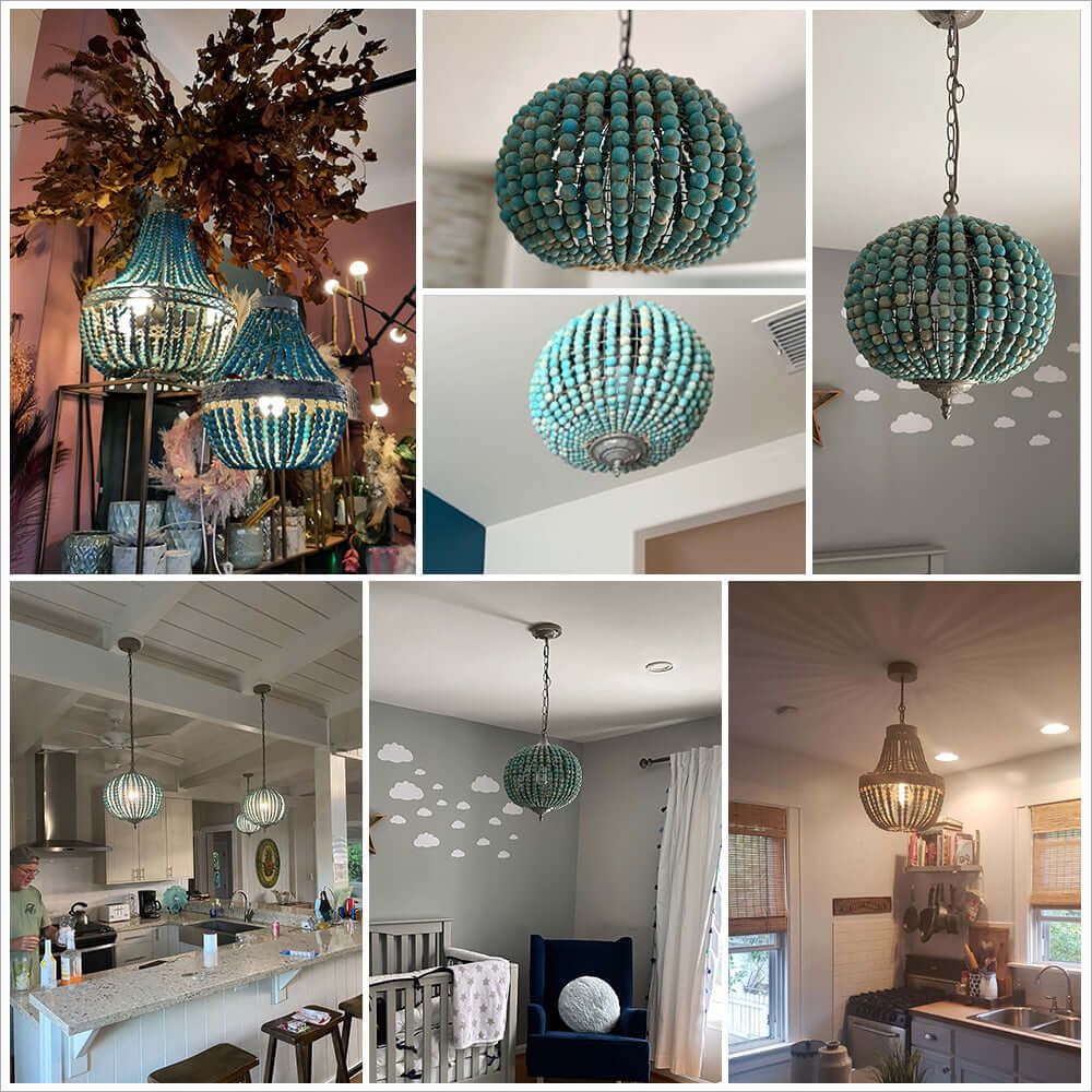 Wood Bead Chandelier Pendant antique Blue Finishing,Plug in showcased in various home settings.