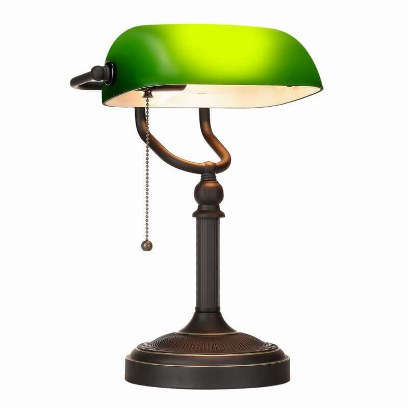 Antique Green Glass Desk Lamp with Pull Chain Switch,Banker Lamp on a decorative base.