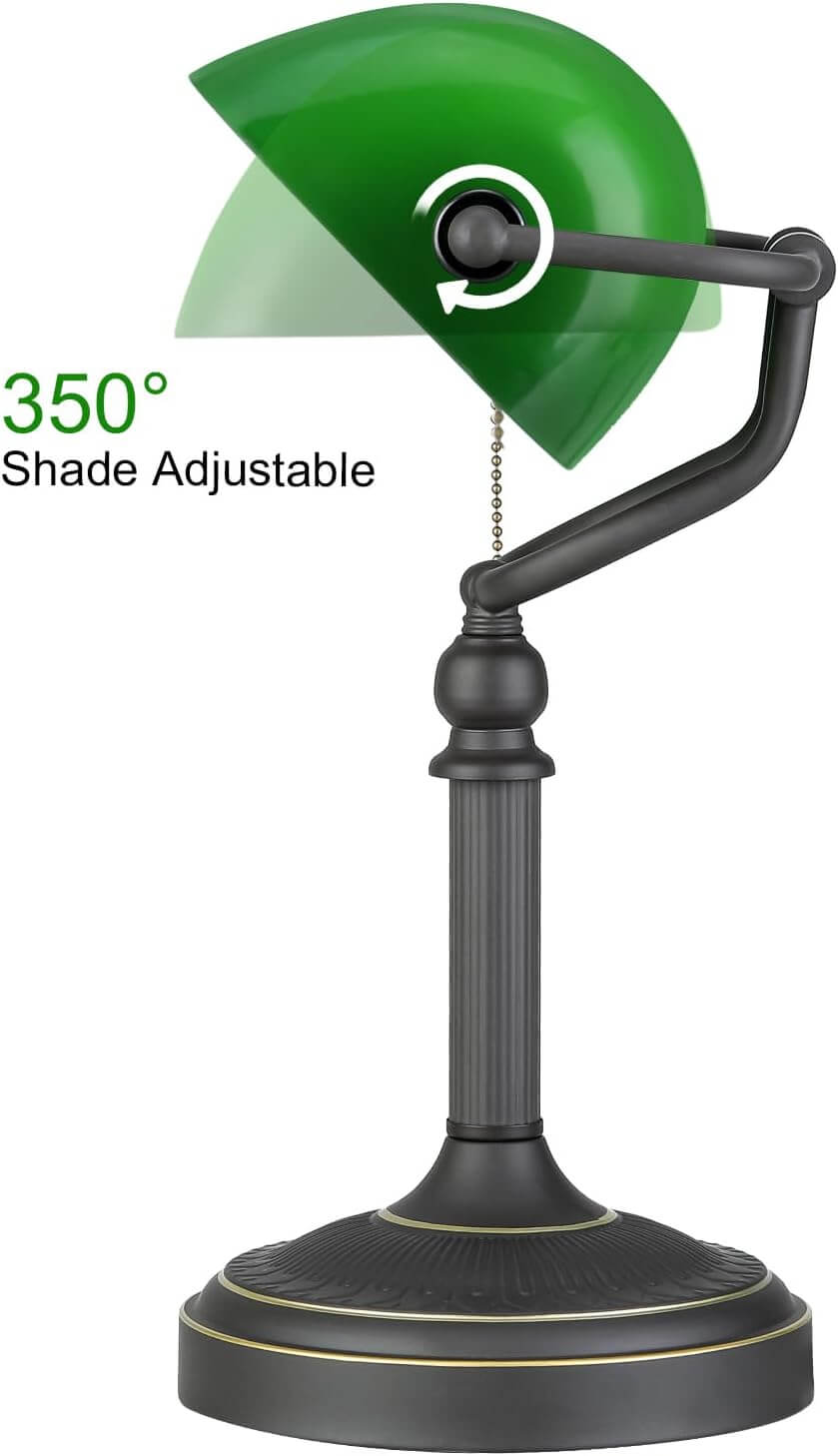 Antique Green Glass Desk Lamp with Pull Chain Switch,Banker Lamp with adjustable shade and classic design.