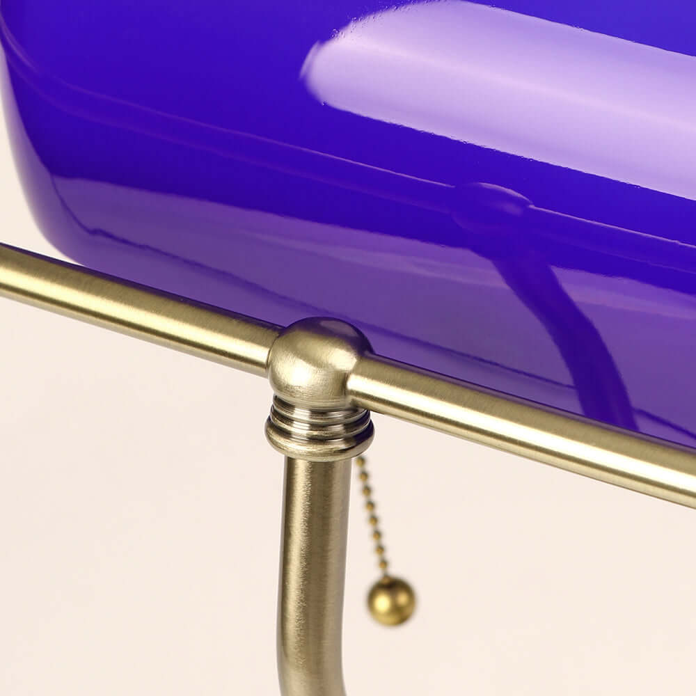 Blue Glass Bankers Lamp Shade Replacement Cover,L8.85" W5.11"/L22.5 W13cm, with brass details and purple hue.