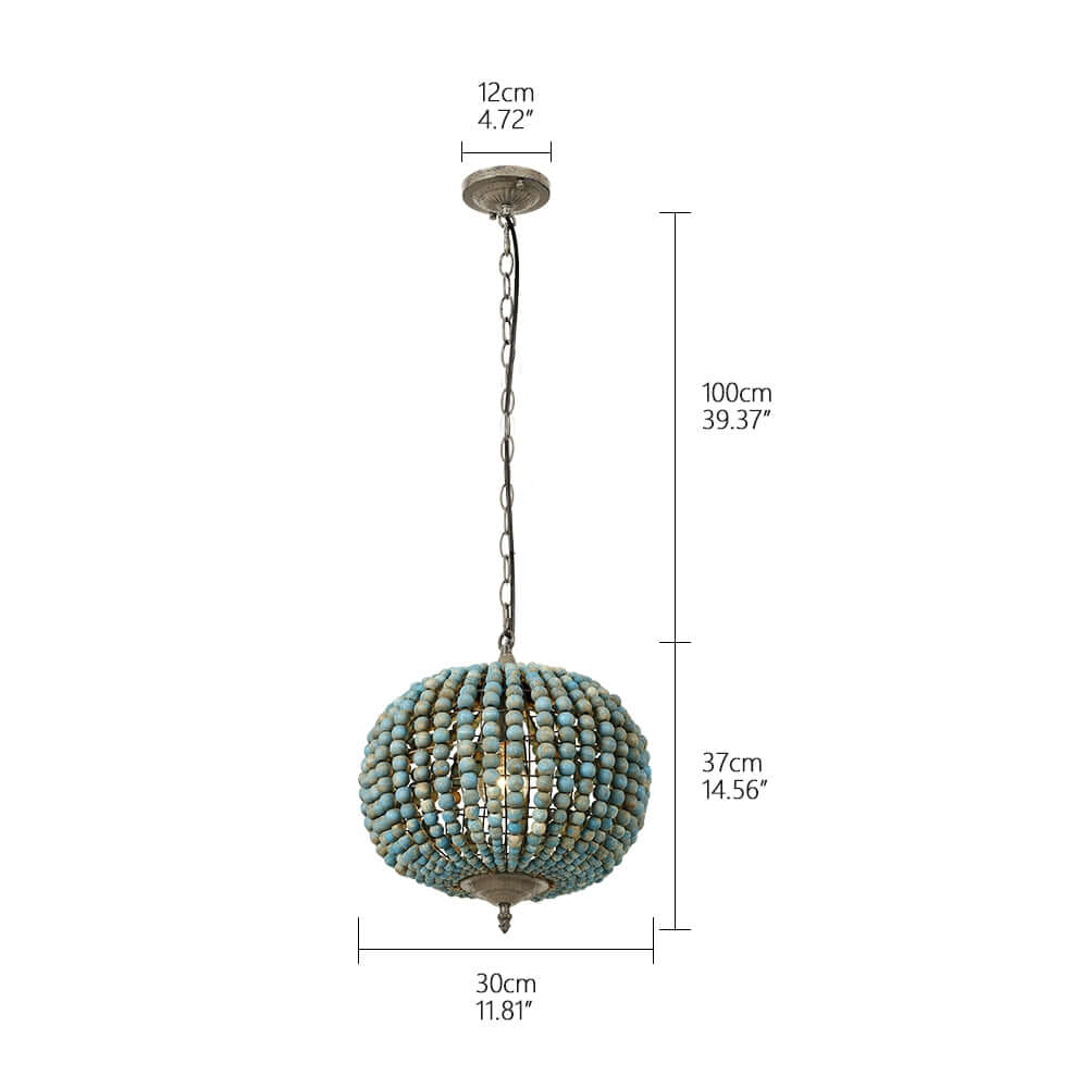 Blue Wood Bead Globe Pendant Light showcasing its dimensions and artistic design.