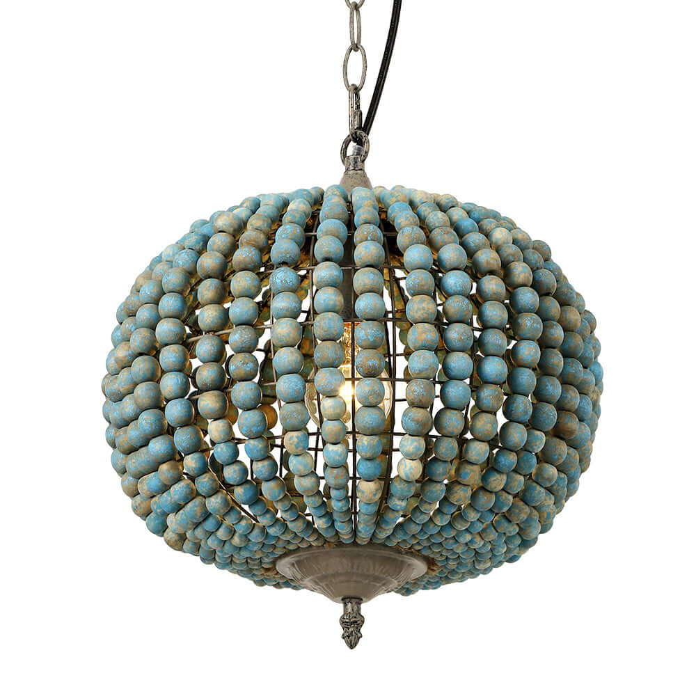 Blue Wood Bead Globe Pendant Light featuring a unique design with blue wood beads and elegant detailing.