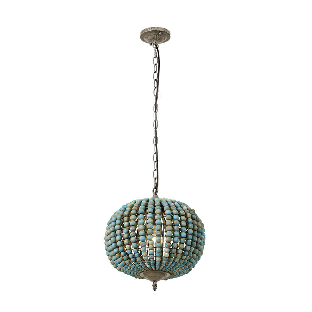 Blue Wood Bead Globe Pendant Light hanging from the ceiling with a beautiful beaded design.