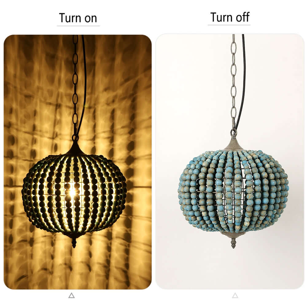 Blue Wood Bead Globe Pendant Light displayed on and off showcasing design features.