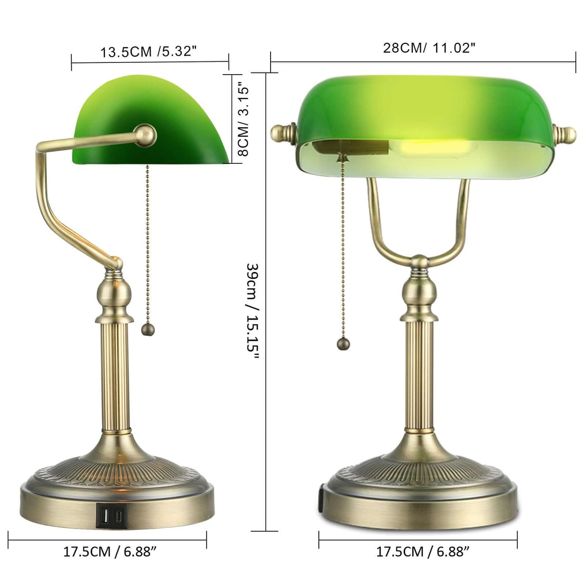 Green Glass Banker Lamp,USB Fast Charging Port with elegant design and dimensions displayed on image.