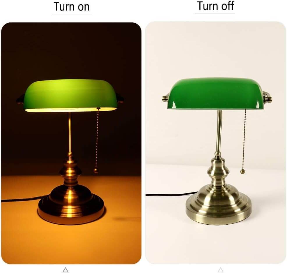 Green Glass Banker Desk Lamp with Pull Chain Switch displayed in on and off states.