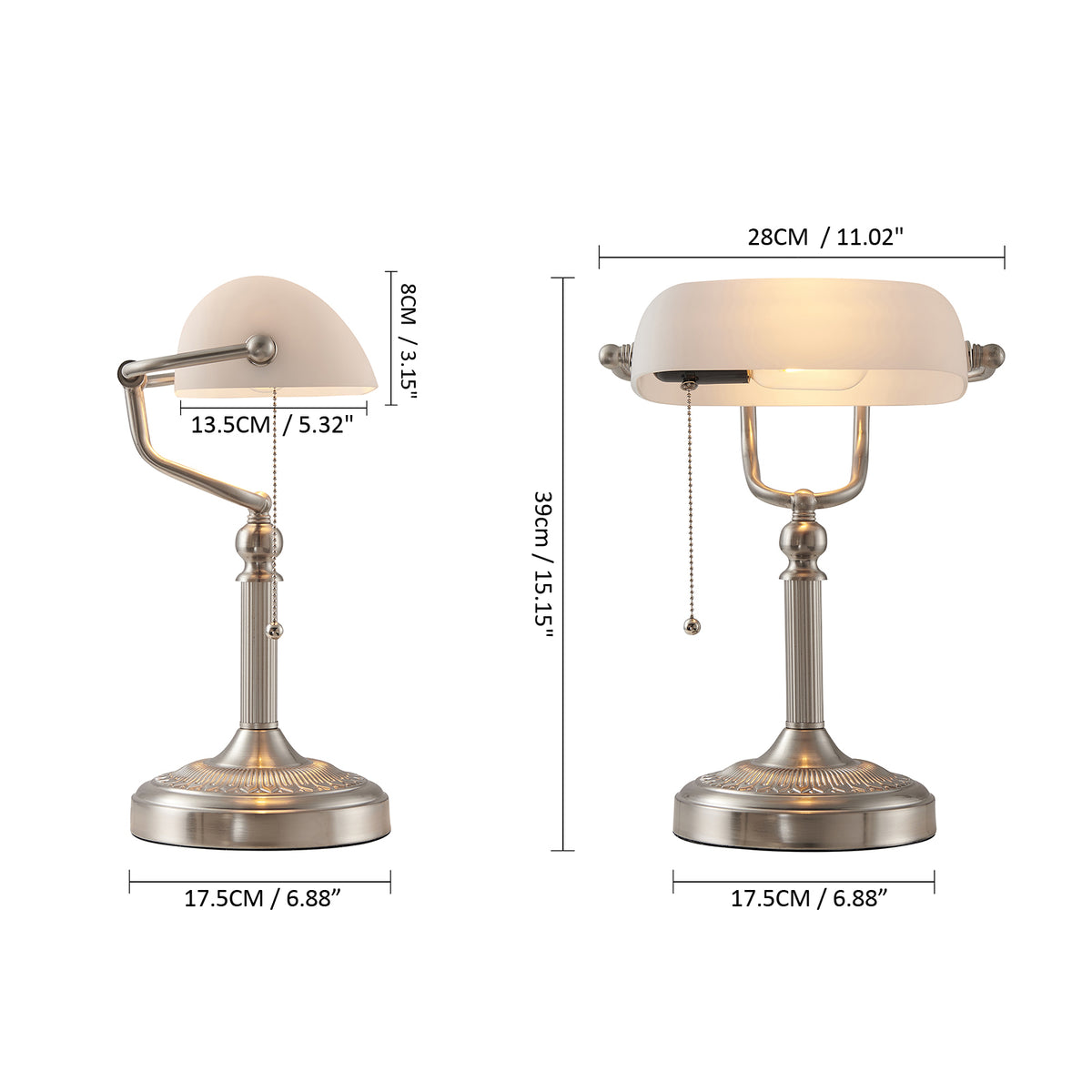 Matted White Glass Banker Lamp ,Sand Nickel Base with measurements and design details