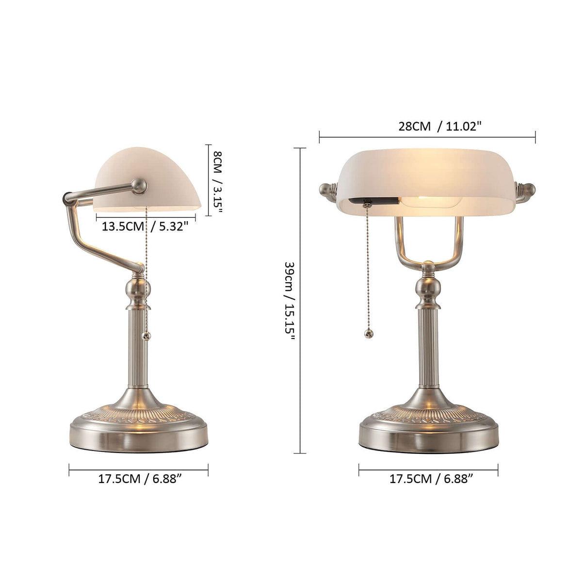 Matted White Glass Banker Lamp ,Sand Nickel Base with measurements and design details