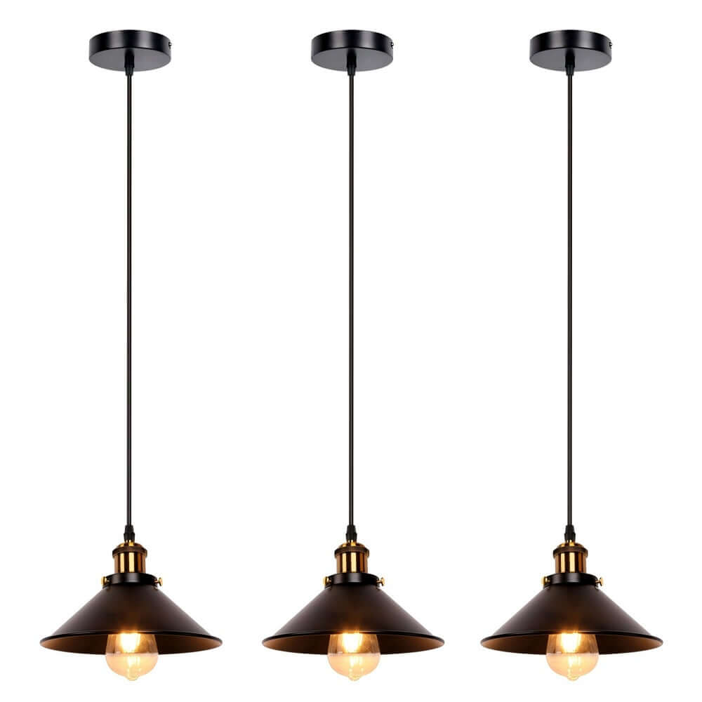 Newrays 3 Pack Industrial Black Pendant Light featuring black iron lamps with brass accents.