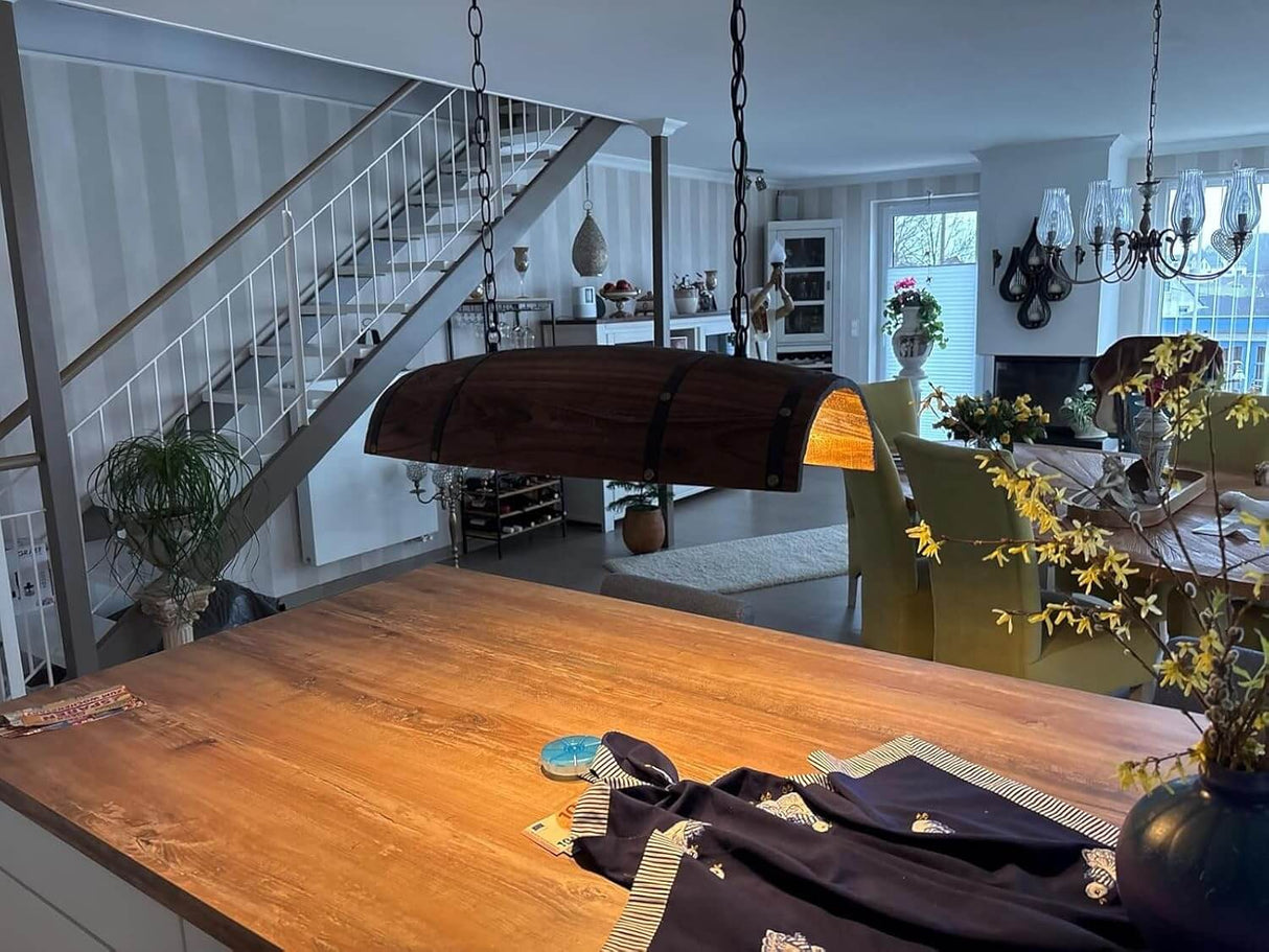 Newrays Antique Wood Wine Barrel pendant Lights for Kitchen Bar illuminating a stylish kitchen space.