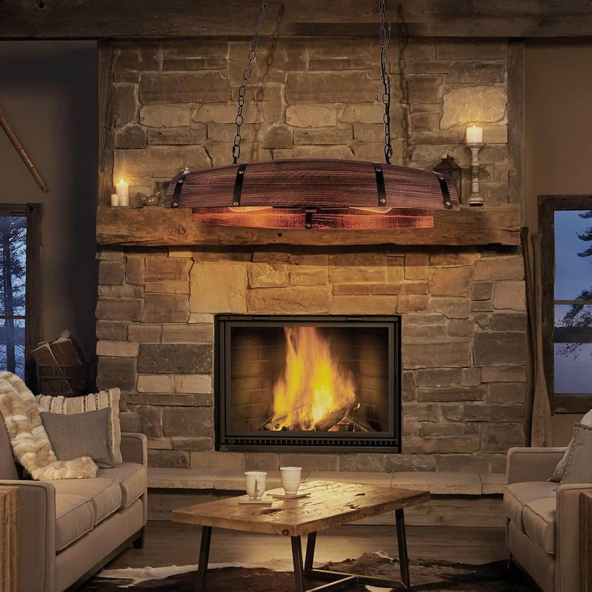 Newrays Antique Wood Wine Barrel pendant Lights for Kitchen Bar above a cozy fireplace in a rustic living room.