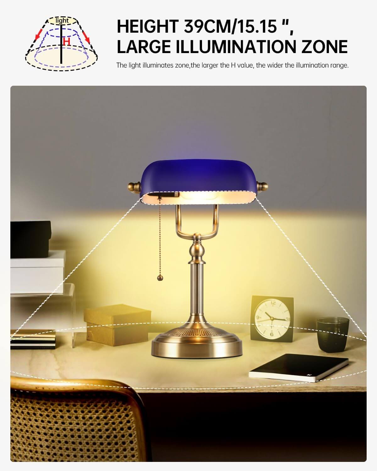 Newrays Blue Glass Bankers Desk Lamp showcasing large illumination zone and elegant design.