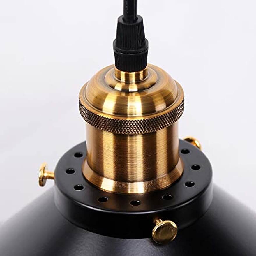 Close-up of brass lamp holder for Newrays 3 Pack Industrial Black Pendant Light showcasing vintage design.
