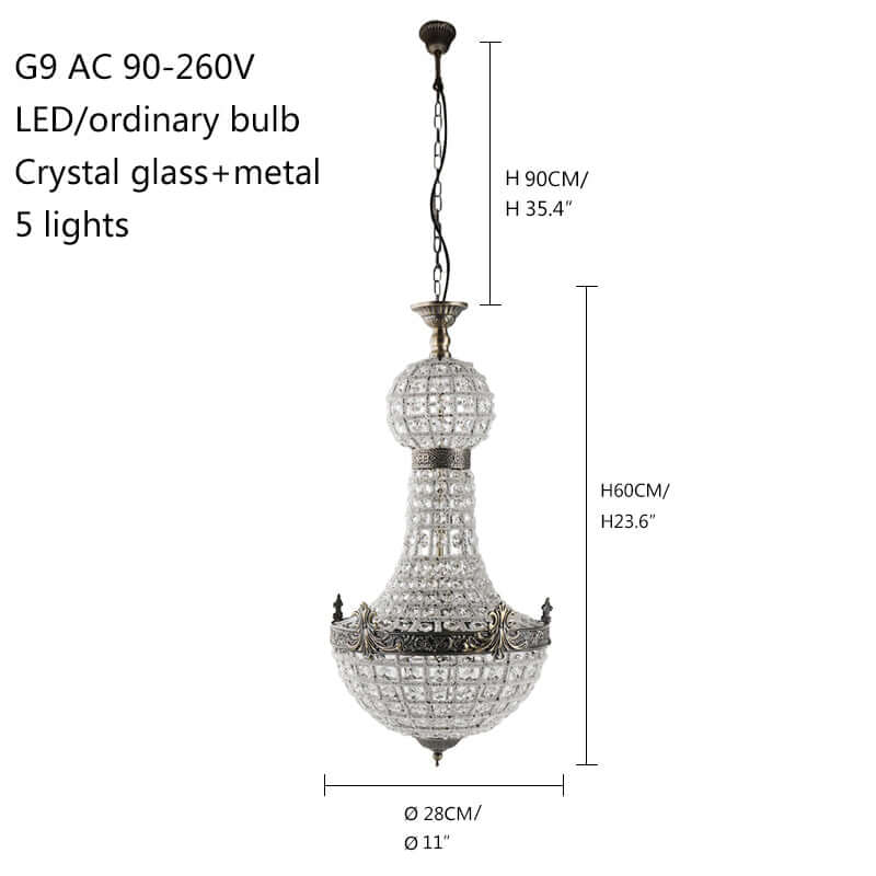 Vintage Royal Empire Crystal Chandelier with 5 lights, crystal glass and metal design, elegant home lighting option.