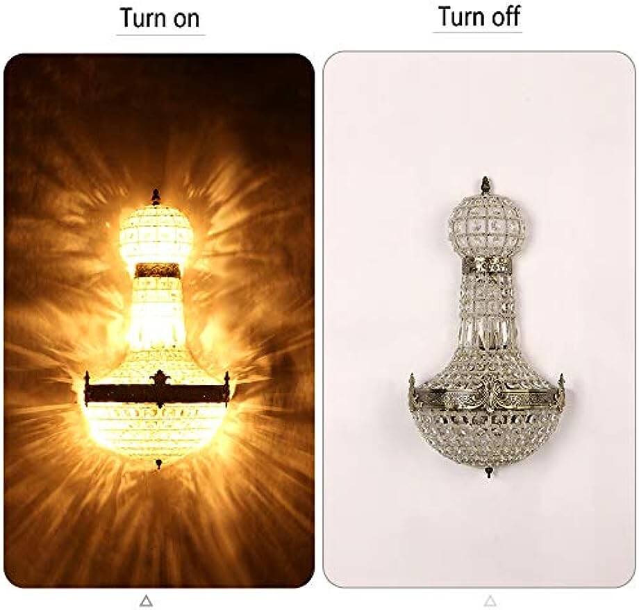 Vintage royal empire crystal wall sconces in illuminated and unlit states, showcasing intricate design and elegance.