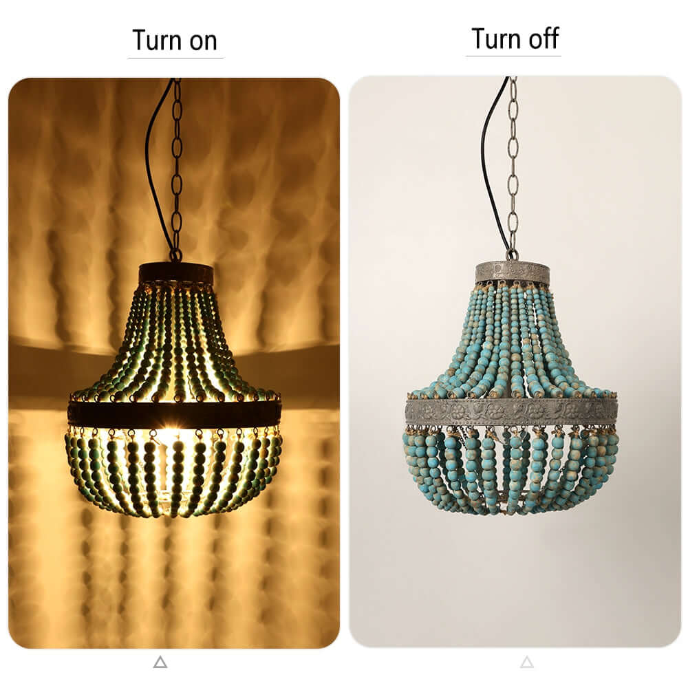 Wood Bead Chandelier Pendant antique Blue Finishing,Plug in, showing on and off states for easy comparison.