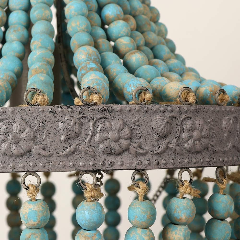 Wood Bead Chandelier Pendant antique Blue Finishing,Plug in