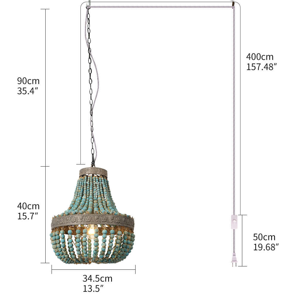 Wood Bead Chandelier Pendant antique Blue Finishing,Plug in with detailed dimensions and adjustable cord.