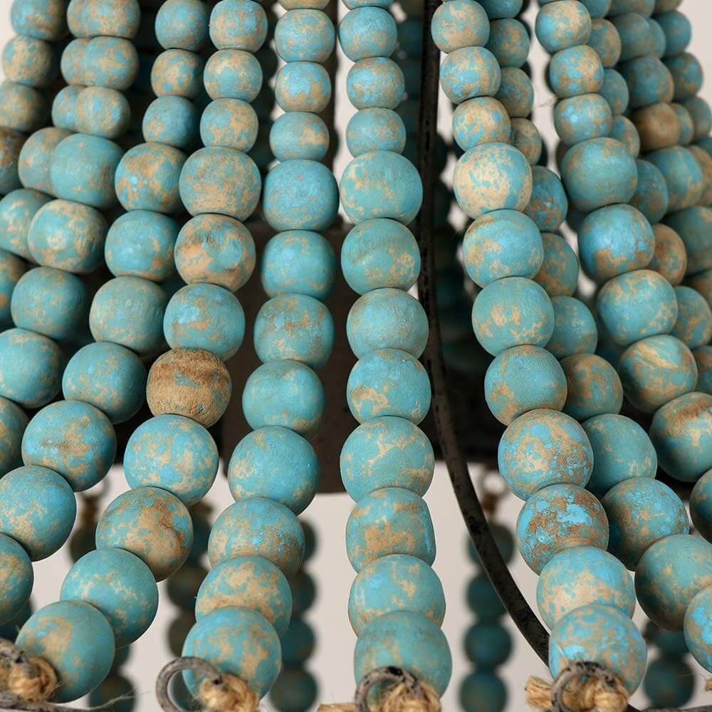 Wood Bead Chandelier Pendant Lights Gray Blue close-up of strung blue beads