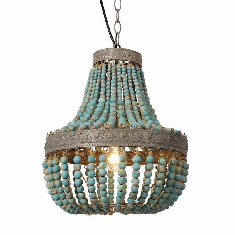Wood Bead Chandelier Pendant Lights Gray Blue showcasing intricate blue wood beads and stylish metal frame.