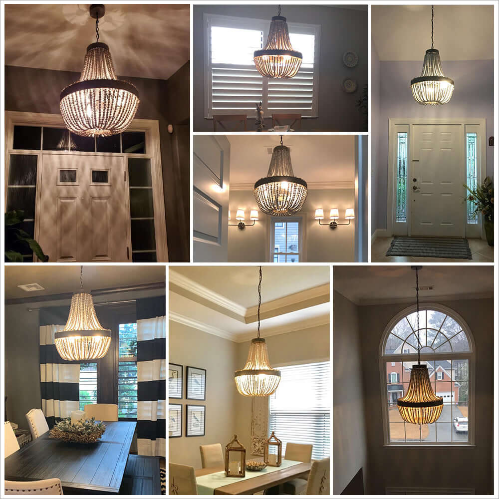 Wood Bead Chandelier Pendant Lights Gray Blue in various home settings, showcasing elegant lighting designs.