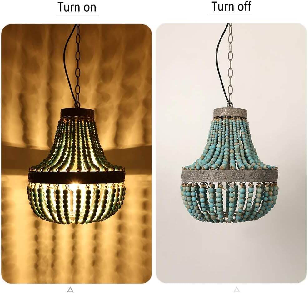 Wood Bead Chandelier Pendant Lights Gray Blue displayed in on and off states, showcasing its elegant design and craftsmanship.