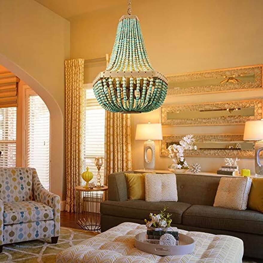 Wood Bead Pendant Lamp Gray Blue 5 Lights Fixtures hanging in a stylish living room with modern decor.