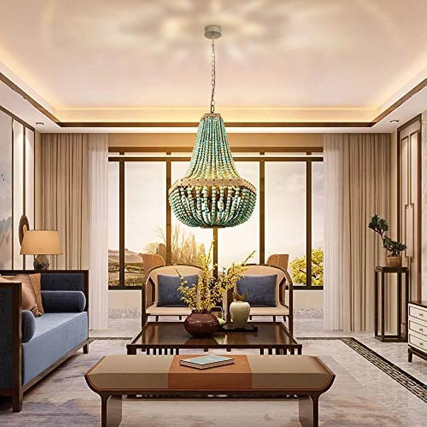 Wood Bead Pendant Lamp Gray Blue 5 Lights Fixtures hanging in a stylish living room setting with natural light.