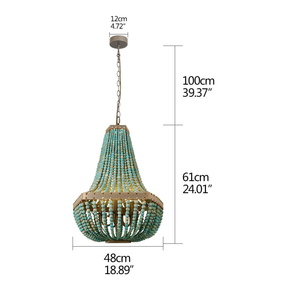 Wood Bead Pendant Lamp Gray Blue 5 Lights Fixtures dimensions illustration showing height and width.