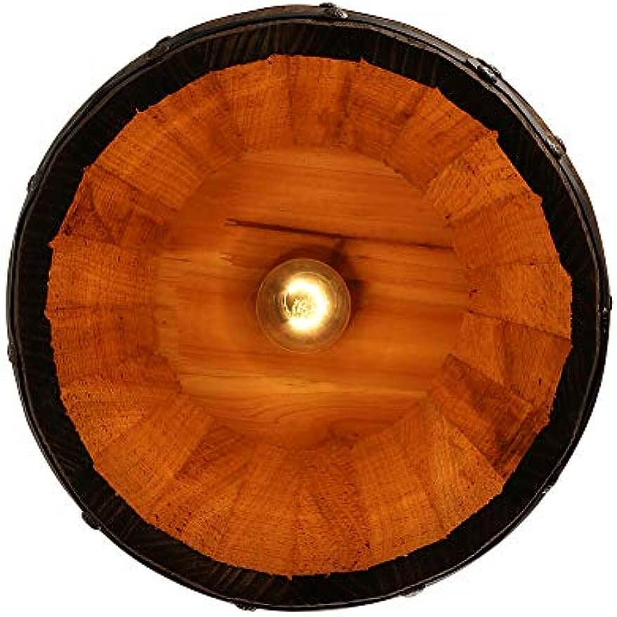 Wood Wine Barrel Pendant Lamp Hanging Unique Kitchen Bar Light Fixtures viewed from above with warm light.
