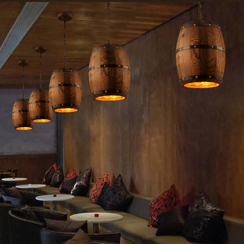 Wood Wine Barrel Pendant Lamp Unique Kitchen Bar Light H30 hanging in a stylish interior with plush seating.
