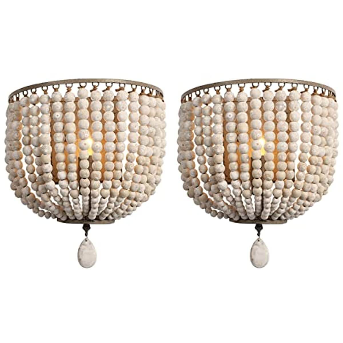 2 Pack Wood Bead Wall Lamp,Hard Wired,E12/E14 Socke, elegant design with decorative wooden beads, warm lighting, easy installation.