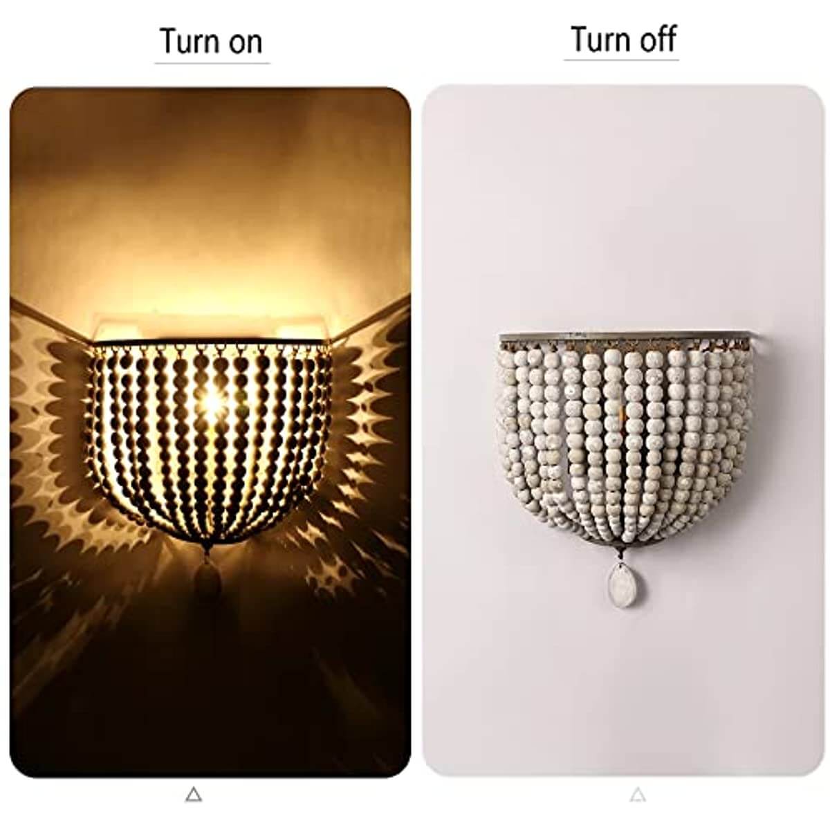 2 Pack Wood Bead Wall Lamp,Hard Wired,E12/E14 Socke illuminated and off for stylish home decor.