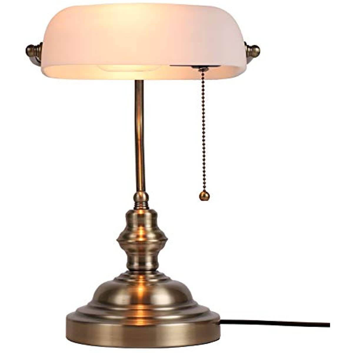 White Matted Glass Banker Lamp featuring a brass base and a white matte lampshade for eye comfort.