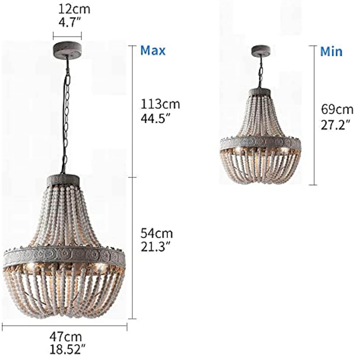 Newrays Wood Beaded Chandelier Pendant Three Lights dimensions with adjustable chain showing maximum and minimum heights.